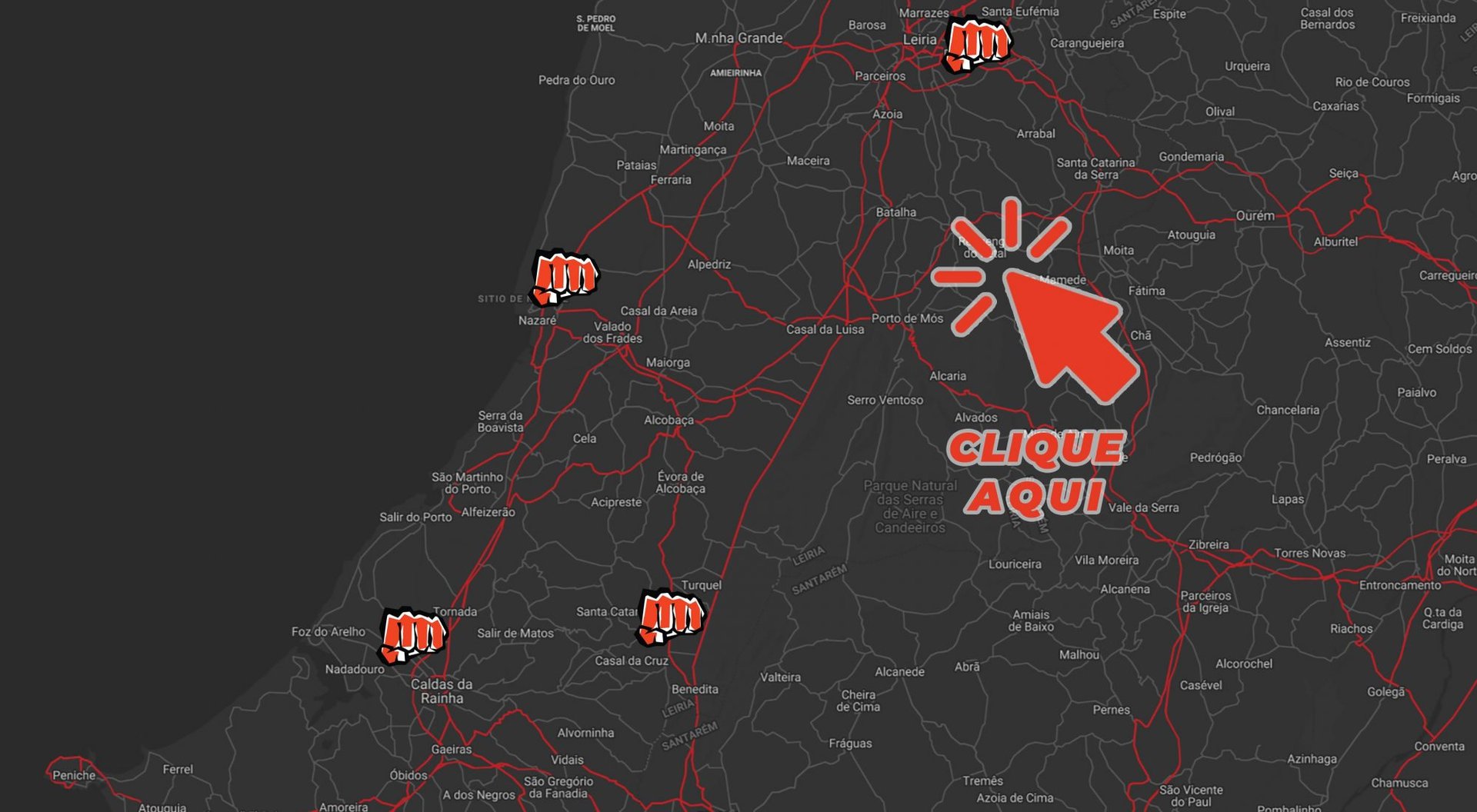 Mapa Oficial das 4 Escolas de Kickboxing Fernando Paulo — Nazaré, Benedita, Caldas da Rainha e Leiria
