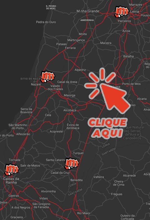 Mapa Oficial das 4 Escolas de Kickboxing Fernando Paulo — Nazaré, Benedita, Caldas da Rainha e Leiria